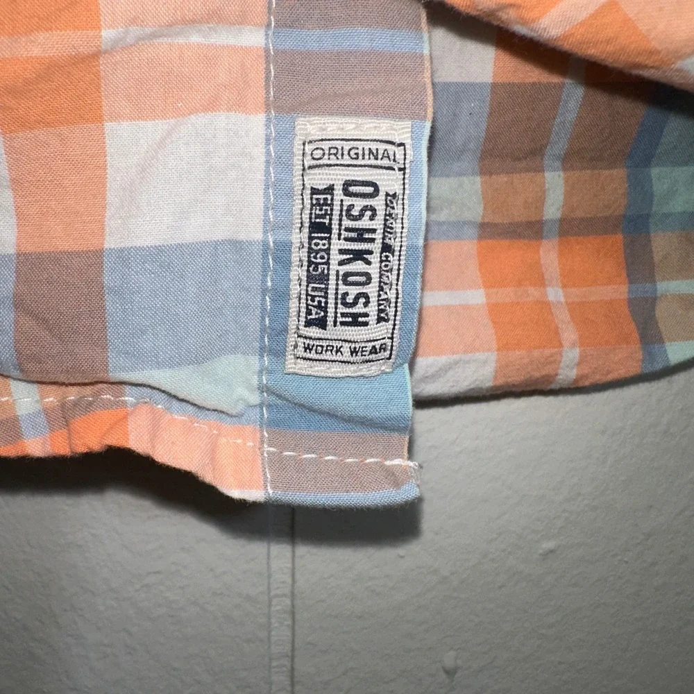 OshKosh Bgosh Boys 4T Orange Blue Plaid Short Sleeve Button Down Shirt 4A